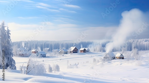 Photo winter landscape, (((snow and snowdrifts on the ground))), on the left ((sparse pine forest)), (on the right a tall snow-covered birch), in the background behind the trees of the forest is a vil © paisorn