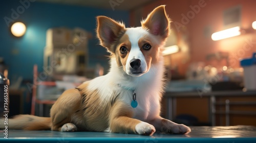 Dog awaiting vaccination at a veterinary clinic: rabies prevention and pet health photo