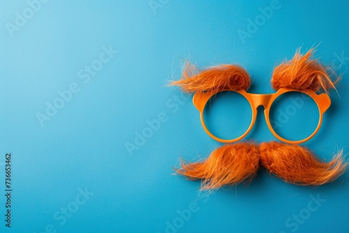 Illustration of a pair of comical glasses and mustache for April Fools' Day. Funny glasses in prank concept on blue background. Happy April Fool's Day.