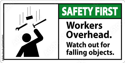 Safety First Falling Debris Sign, Workers Overhead Falling Objects