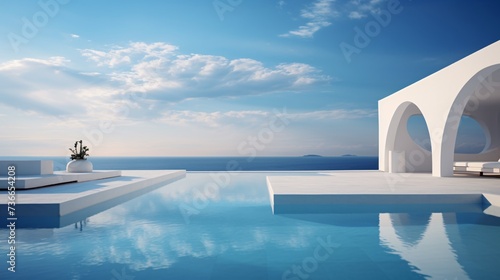 a pool with a white building and a blue sky © ion