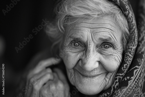 image of an elderly woman with a slight smile,black and white