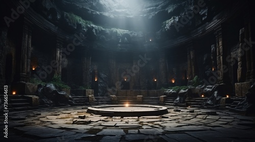 a round stone area with a round platform in a dark room with columns and lights