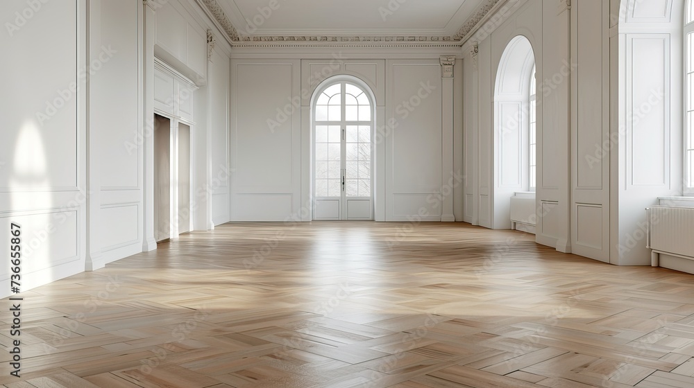 Empty sunlit room with wooden parquet floor.