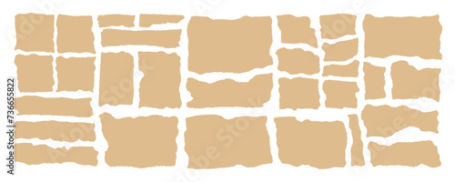 Paper torn strip stroke with cut stuck edges vector illustration. Blank horizontal note craft paper piece shape. Set of beige headline band. Calligraphy border, isolated grunge header background