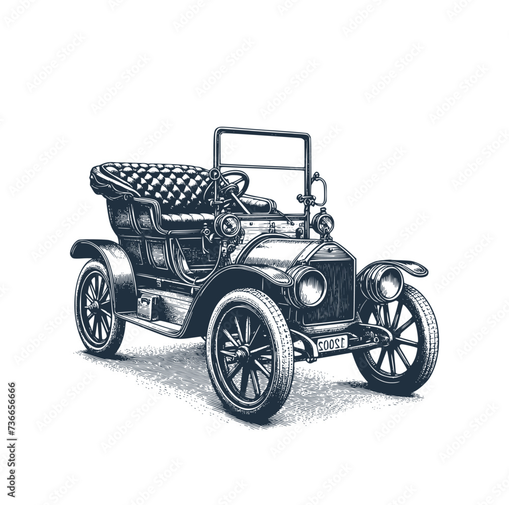 Vintage old autocar. Rough sketch. Vector illustration.
