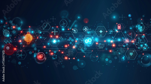 Abstract medical blue background with flat icons and symbols.