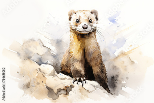 Watercolor painting of weasel / mink / ferret / ermine / polecat on White Background: Wildlife Portraits Featuring Cute Animals with Brown Fur. Wild Animals. Generative AI. photo