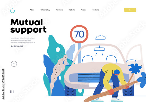 Mutual Support: Clearing an obstacle from the way -modern flat vector concept illustration of a man removing a fallen branch from the road A metaphor of voluntary, collaborative exchanges of services