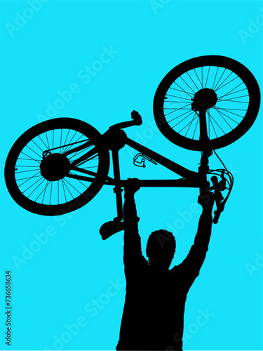Illustration silhouette of a person with a bicycle blue background
