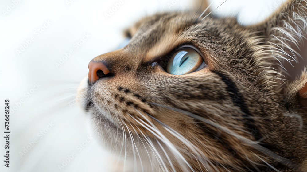 Close-up portrait of a cat looking up on a white background.  Copy space.