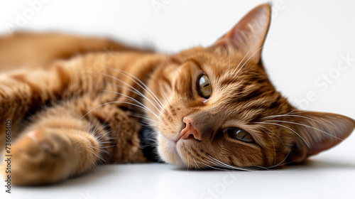 Portrait of a cat. Lying cat. White background