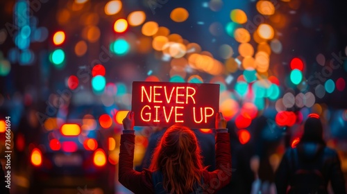 Woman holding sign saying  never give up , motivation and success concept on blurred background.
