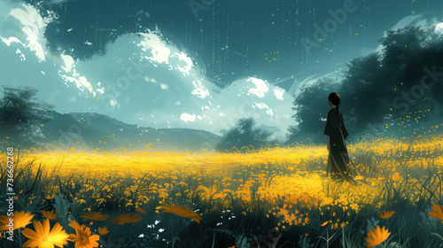 A girl in black in a field of yellow flowers under the starry sky.