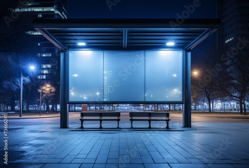 a bus stop with benches and a large screen