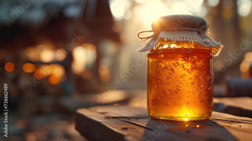 Jar of honey on the table under the sun's rays photo