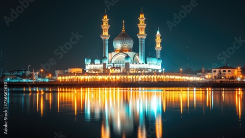 mosque beautifully illuminated for Eid al-Fitr prayers and celebrations, creating a captivating night scene