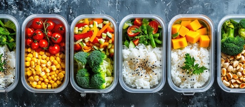 Vegetarian meal containers with rice, veggies, and fruits. Lunch box dinner. Overhead view.