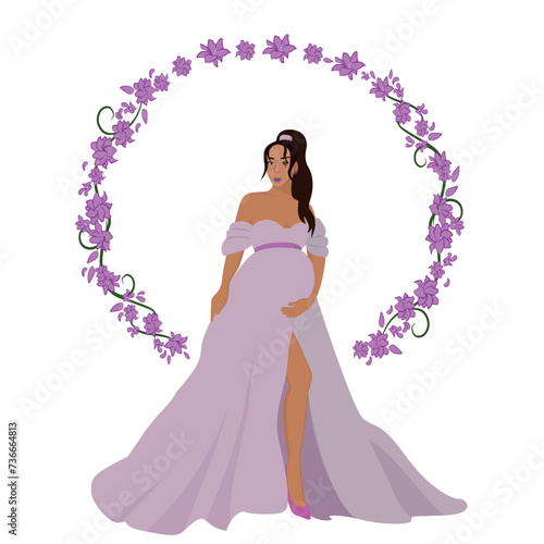 Pregnant girl with flowers in a beautiful evening dress