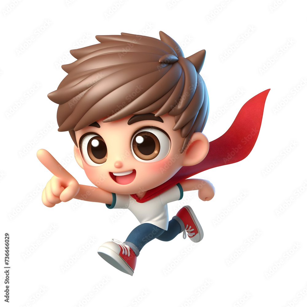 3d happy cartoon superhero boy running with cape and pointing on transparent background.