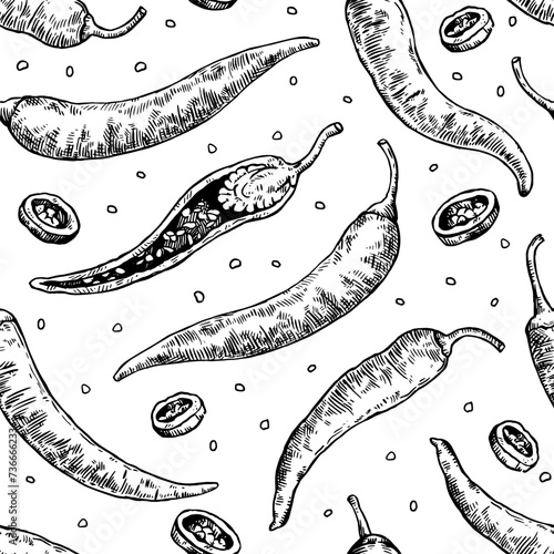 Seamless pattern with hand drawn chili peppers. Vector illustration in engraving style.