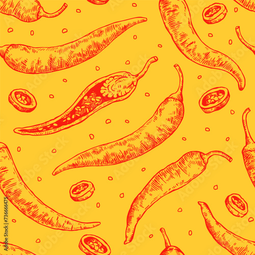 Seamless pattern with hand drawn chili peppers. Vector illustration in engraving style.