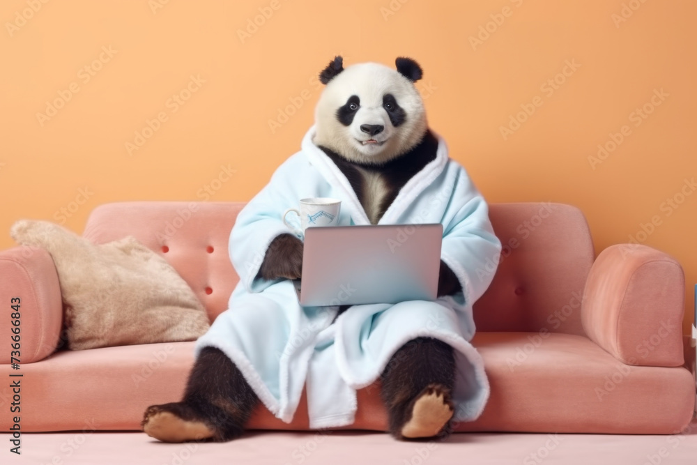 relaxed panda holds a laptop in his hands relaxed panda holds a laptop in his hands