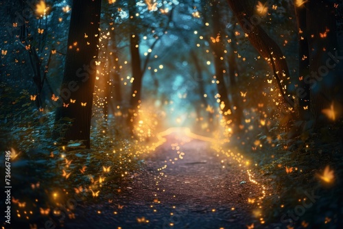 Enchanted woodland scene with fireflies at twilight, magical atmosphere emphasizing wonder and natural beauty