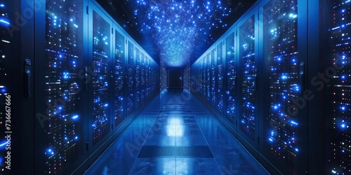 Futuristic data center with rows of servers, illustrating advanced technology and information security photo