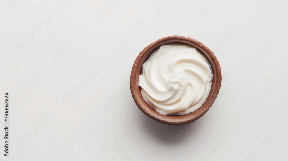 A bowl of sour cream yogurt presented against a white background, standing alone and distinct A bowl of sour cream yogurt presented against a white background, standing alone and distinct