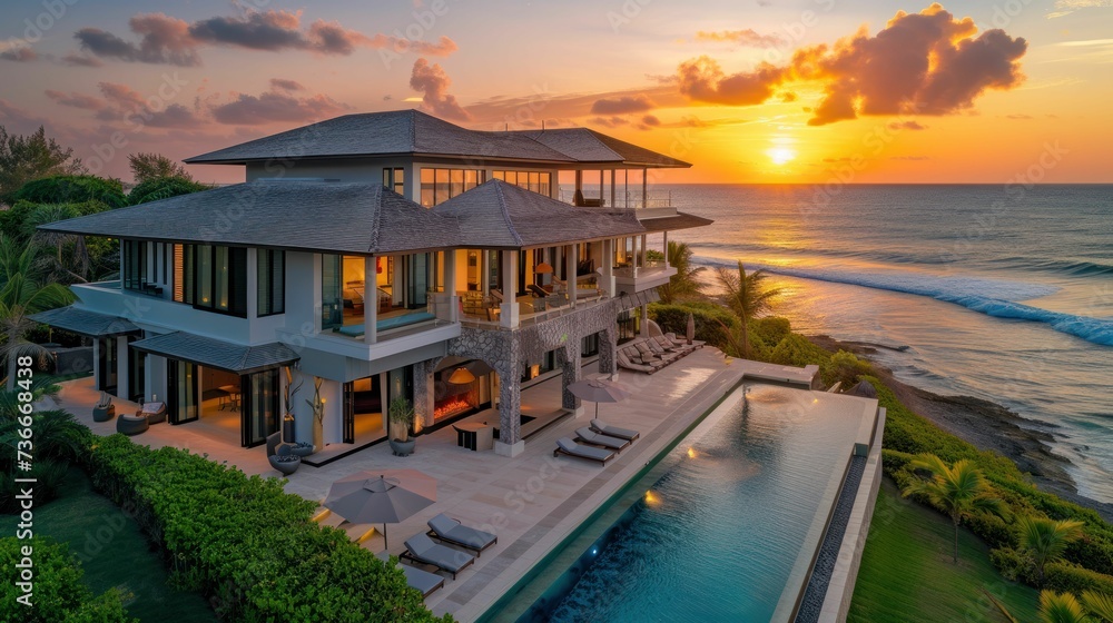 Beachfront luxury villa during sunset, representing the ultimate in travel aspirations and tranquil oceanfront living
