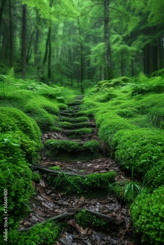 Trail through verdant forest  beckoning with the promise of adventure and the serene beauty of the natural world