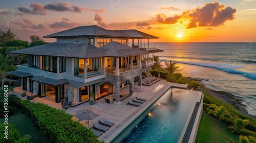 Fototapeta Naklejka Na Ścianę i Meble -  Beachfront luxury villa during sunset, representing the ultimate in travel aspirations and tranquil oceanfront living