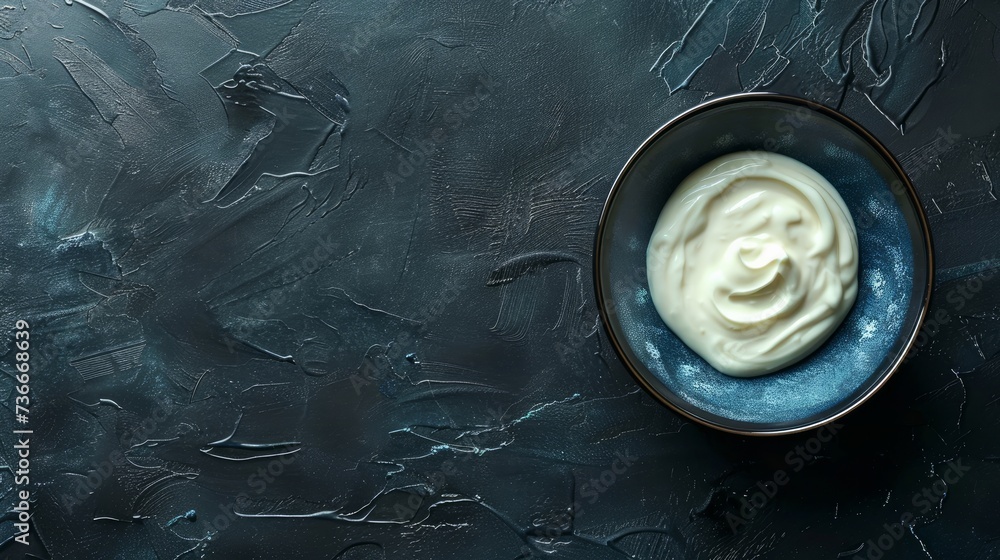 A top-down view showcases Greek yogurt contained within a blue bowl set atop a black table A top-down view showcases Greek yogurt contained within a blue bowl set atop a black table