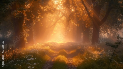 Misty forest path at dawn, ethereal light filtering through trees, inviting mystery and exploration
