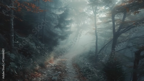 A forest path at dawn, shrouded in mist and bathed in ethereal light, offers a mystical invitation to explore