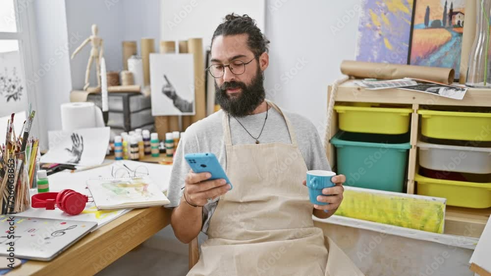 A cheerful bearded man enjoys coffee and smartphone in a bright art studio A cheerful bearded man enjoys coffee and smartphone in a bright art studio