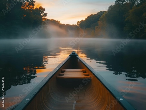 Canoeing on a foggy lake at sunrise, a tranquil voyage that highlights the peacefulness, adventure, and water's allure