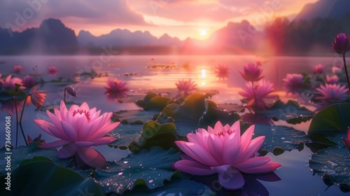 Serene lotus pond at sunrise, symbolizing purity, rebirth, and the beauty of tranquil moments