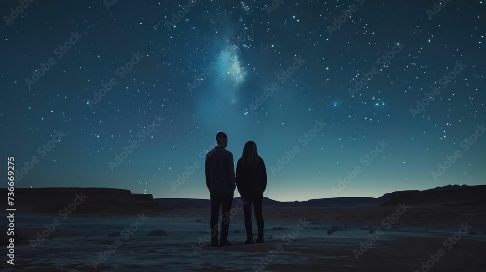 Night sky stargazing in desert, stars' majesty highlights universe's vastness