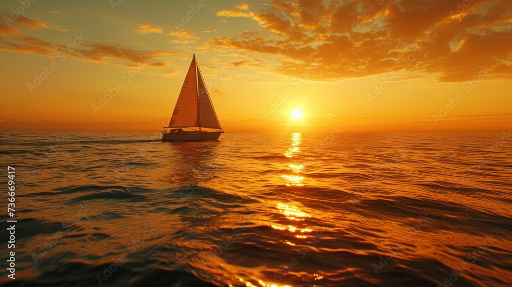 Sailing into sunset, yacht against golden light, horizon inspires freedom