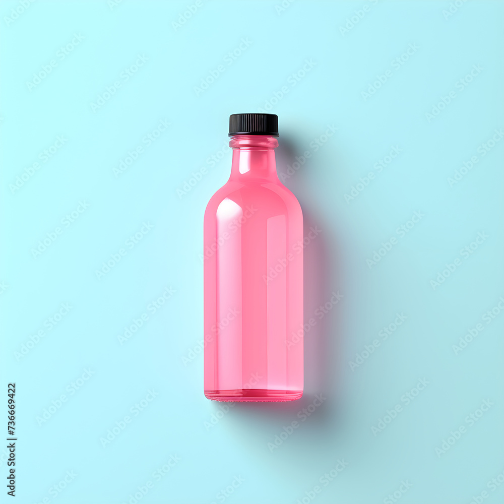 Glass bottle with dark cap on monochrome blue background Glass bottle with dark cap on monochrome blue background