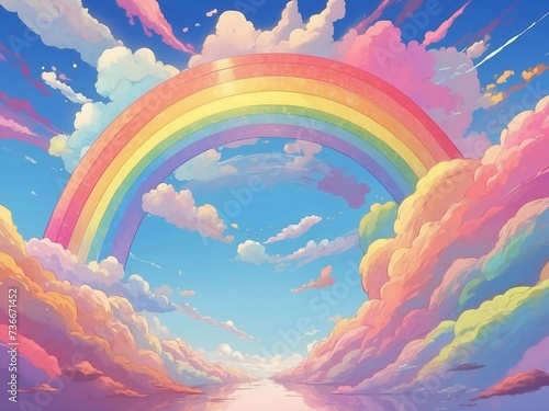 Anime-style illustration of a beautiful rainbow in the blue sky.