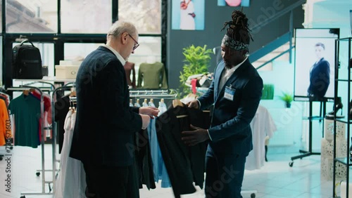 African american store assistant helping regular client with a suit in shopping center, senior customer looking to buy formal clothes. Elderly man shopping for new collection at the mall. Camera B.