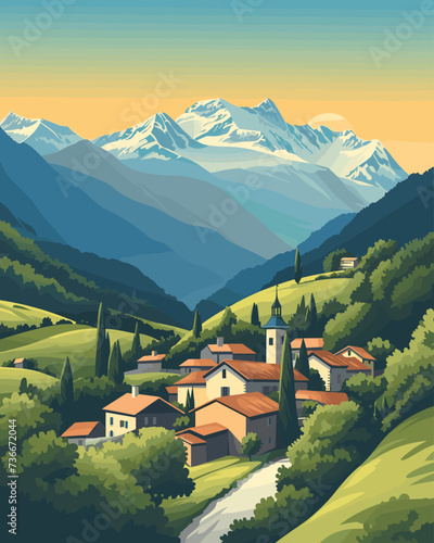 A village perched atop a cliff with houses cascading down the hillside, and mountainous terrain