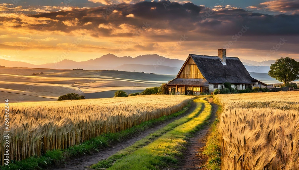 A quaint farmhouse nestled in the middle of a vast wheat field with a radiant sunset A quaint farmhouse nestled in the middle of a vast wheat field with a radiant sunset
