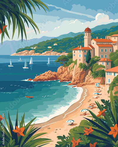 A Mediterranean beach landscape, coastal village, sunbathers, and sailboats against lush foliage and clear skies, Cover Design