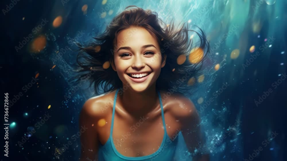 Woman wearing blue tank top with cheerful smile Woman wearing blue tank top with cheerful smile