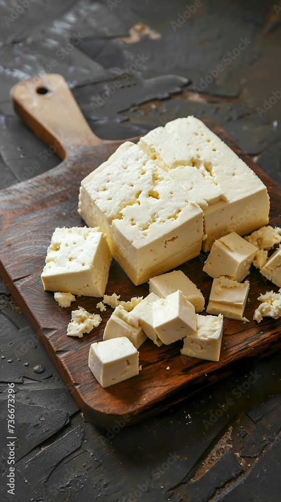 Fototapeta premium Cut paneer cheese with a firm, white texture ready to be used in traditional dishes. Paneer cheese with a creamy and smooth flavor. Traditional cheese from India.