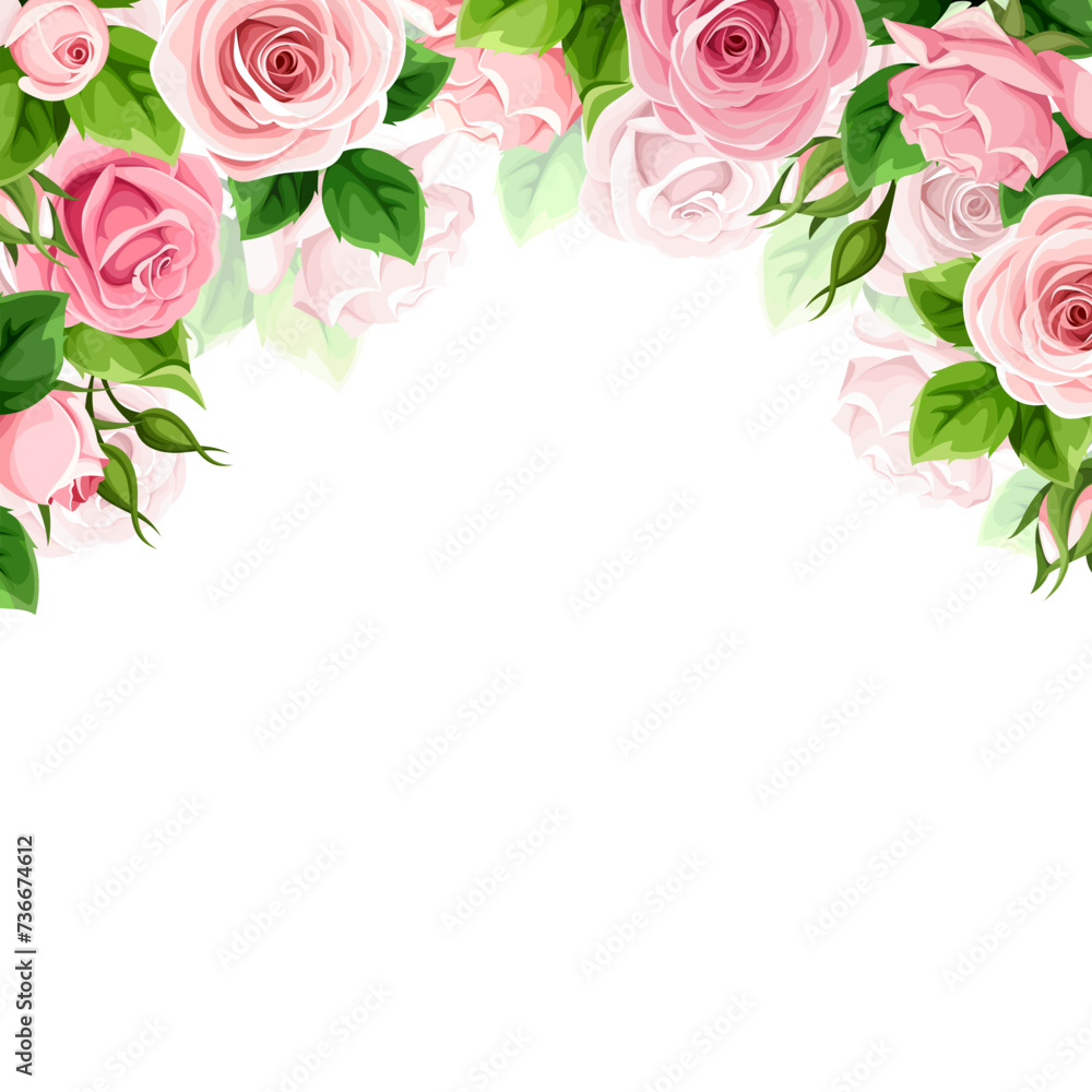 Background frame with pink rose flowers. Vector roses card design